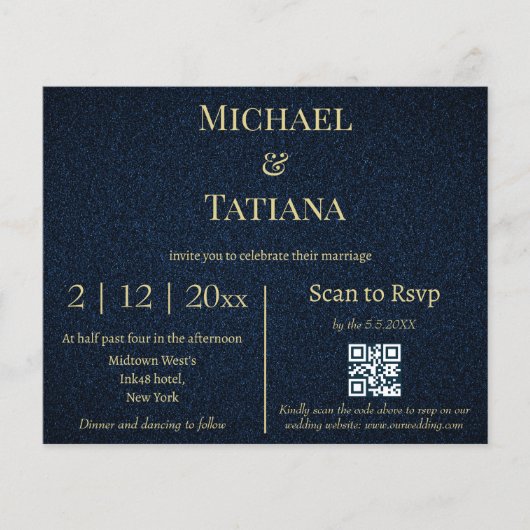 Budget Blauw Goud RSVP QR Code Uitnodiging (Voorkant)