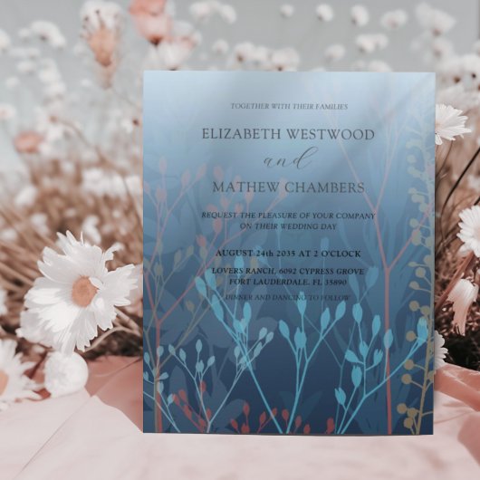 Budget Blauw Gras & Blad Bruiloftsinvitation
