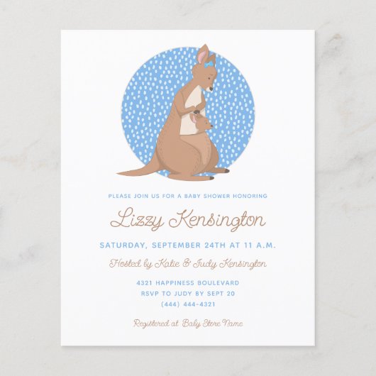 Budget Blauw Kangoeroe Jongen Baby Shower Uitnodig (Voorkant)
