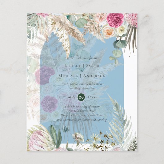 BUDGET Blauw Roze Bloemig Pampasgras Bruiloft Flyer (Voorkant)