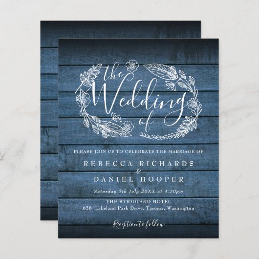 Budget Blauw Rustieke Houten Bloemen Bruiloftsinvi (Voorkant / Achterkant)