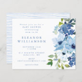 Budget Blauw Waterverf Bloemen Baby shower Uitnodi (Voorkant / Achterkant)
