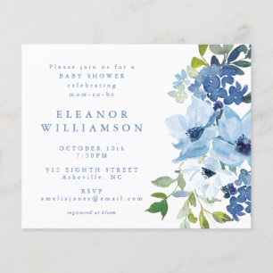 Budget Blauw Waterverf Bloemen Baby shower Uitnodi