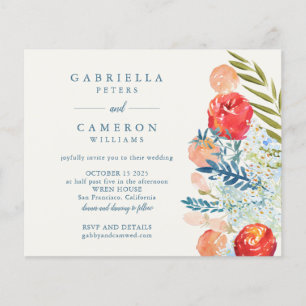 Budget Blauw Waterverf Bloemen Boho Trouw Uitnodig