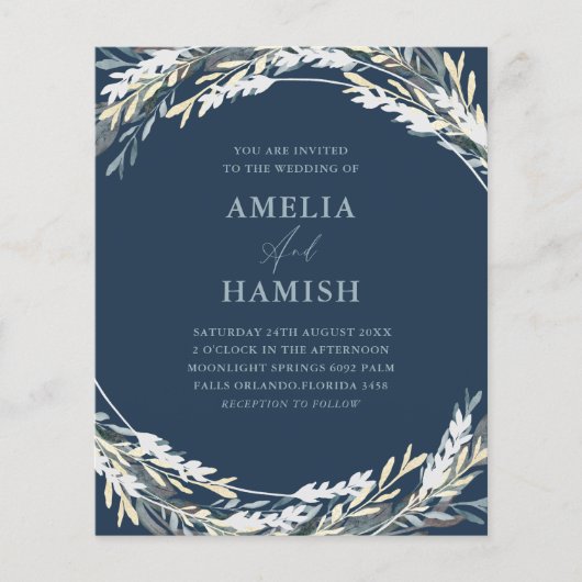 Budget Blauw Winter Waterverf Foliage Bruiloft (Voorkant)