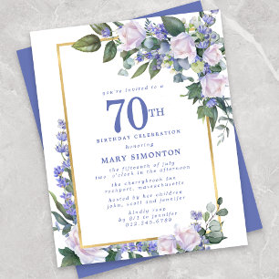 Budget Blauw Wit Bloemen 70e Verjaardag Uitnodigin