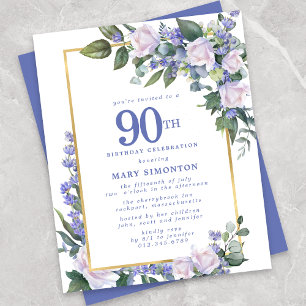 Budget Blauw Wit Bloemen 90e Verjaardag Uitnodigin