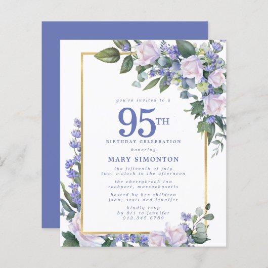 Budget Blauw Wit Bloemen 95e Verjaardag Uitnodigin (Voorkant / Achterkant)