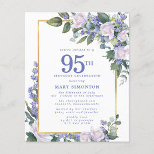 Budget Blauw Wit Bloemen 95e Verjaardag Uitnodigin