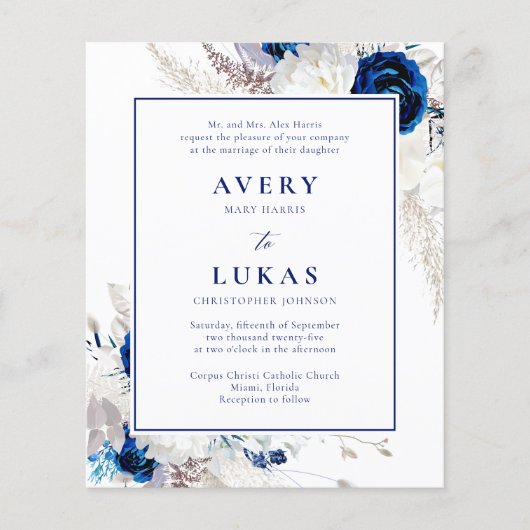 Budget Blauw & Wit Bloemen Bruiloft Uitnodiging (Voorkant)