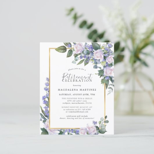 Budget Blauw Wit Bloemen Uitnodiging (Staand voorkant)