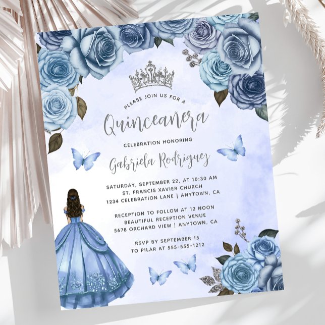 Budget Blauw Zilver Bloemen Quinceañera Uitnodigen (Creator heeft geüpload)
