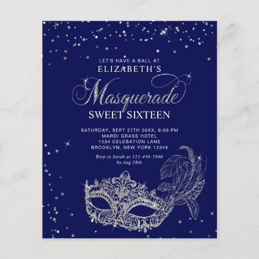 BUDGET Blauw Zilver Glitter Masquerade Sweet 16 (Voorkant)