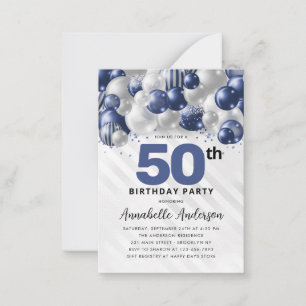 Budget Blauw Zilveren Ballon Glitter 50ste Verjaar Notitiekaartje