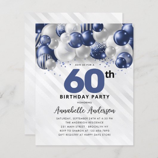 Budget Blauw Zilveren Ballon Glitter 60ste Verjaar (Voorkant / Achterkant)