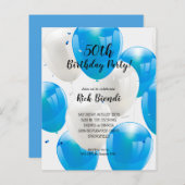 Budget Blauwe Ballonnen Verjaardagsfeest Uitnodigi (Voorkant / Achterkant)