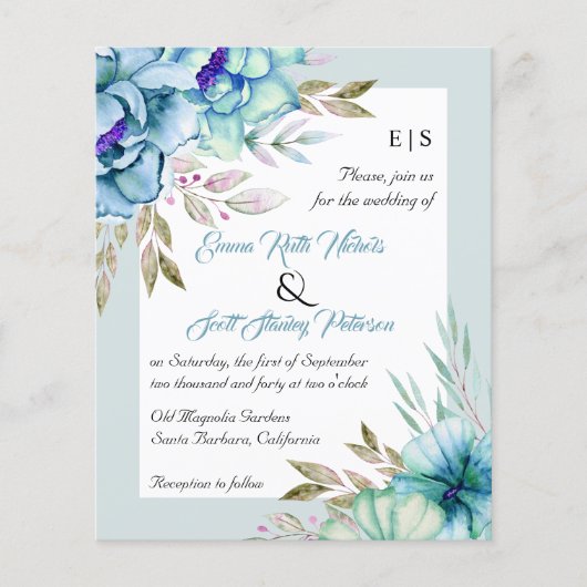 BUDGET blauwe bloemen groene trouwuitnodiging (Voorkant)