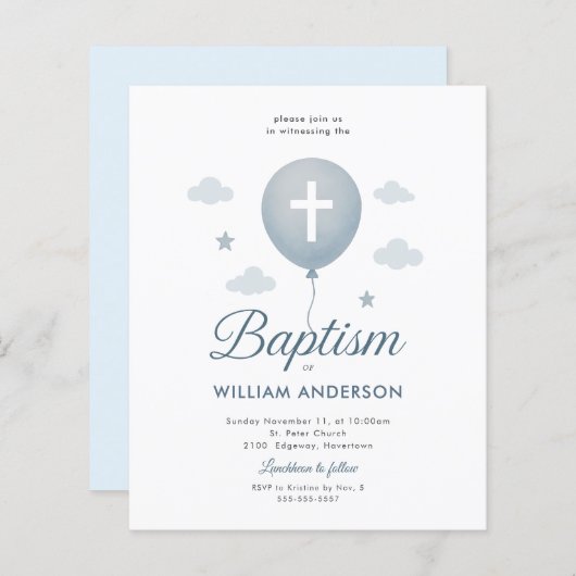 Budget Blauwe Bloemen Kruisdoop Uitnodiging (Voorkant / Achterkant)