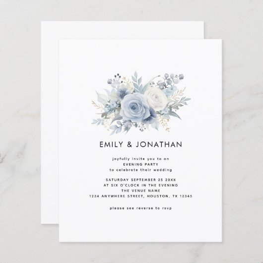 Budget blauwe bloemen QR bruiloft avond feest (Voorkant / Achterkant)