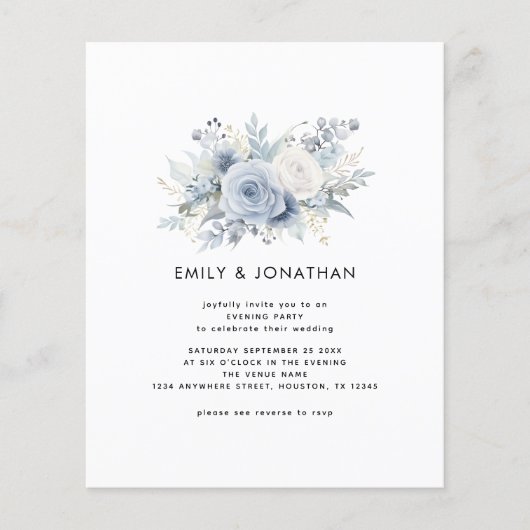 Budget blauwe bloemen QR bruiloft avond feest (Voorkant)