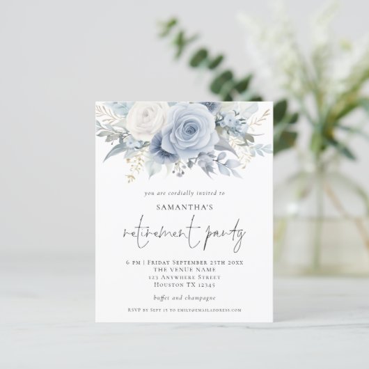 Budget Blauwe Bloemen Script Pensioen Party Uitnod (Staand voorkant)