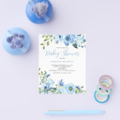 Budget blauwe bloemige babyshower uitnodiging flyer (Enkel)