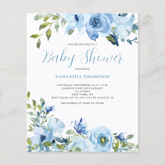 Budget blauwe bloemige babyshower uitnodiging flyer (Voorkant)