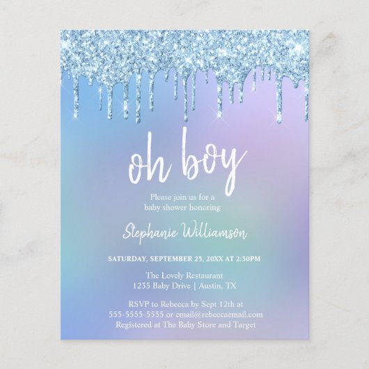  Budget Blauwe Drip Glitter Jongen Baby Shower  (Voorkant)