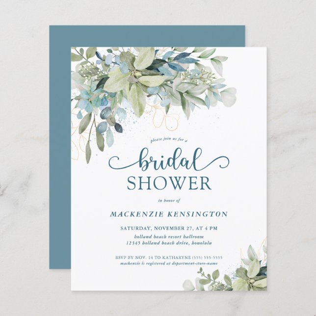 BUDGET Blauwe Eucalyptus Bridal Shower Uitnodiging (Voorkant / Achterkant)