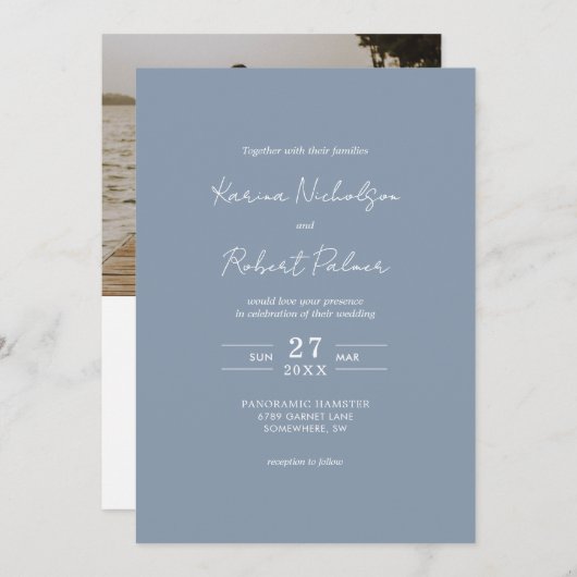 Budget Blauwe Foto QR Code RSVP Bruiloft Kaart (Voorkant / Achterkant)