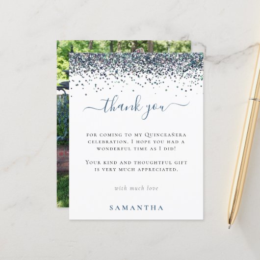 Budget Blauwe Glitters Foto Quinceanera Bedankt (Voorkant / Achterkant in situ)