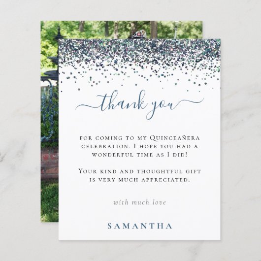 Budget Blauwe Glitters Foto Quinceanera Bedankt (Voorkant / Achterkant)