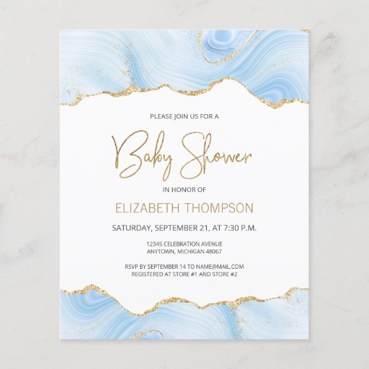 Budget Blauwe Goud Agaat Jongen Baby Shower Uitnod (Voorkant)