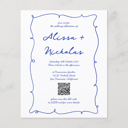 Budget Blauwe Hand getrokken Monogram QR code Brui (Voorkant)