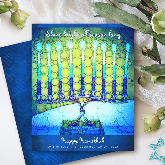 Budget blauwe Hanukkah-menorah Schijn helder kaart