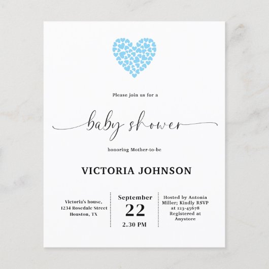 Budget Blauwe Hart Babyshower Uitnodiging (Voorkant)
