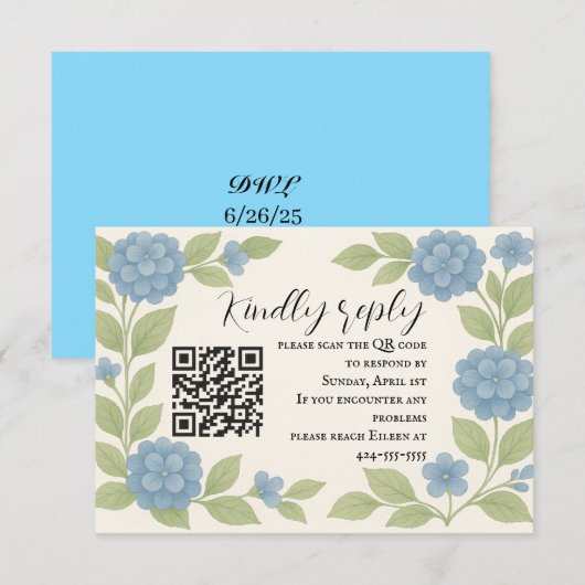 Budget Blauwe Hortensia QR Code RSVP Kaart (Voorkant / Achterkant)