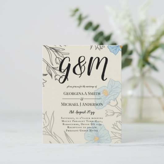 BUDGET Blauwe Klaprozen Magnolia Trouw Uitnodiging (Staand voorkant)