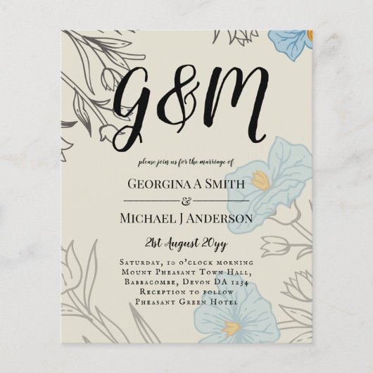 BUDGET Blauwe Klaprozen Magnolia Trouw Uitnodiging (Voorkant)