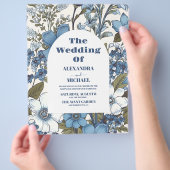 Budget blauwe maagdenpalmbloemen bruiloft flyer (Hand)