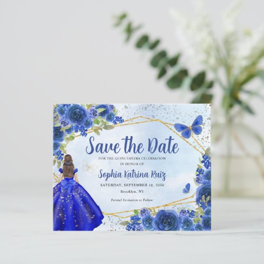 Budget Blauwe Prinses Quinceañera Save the Date (Staand voorkant)