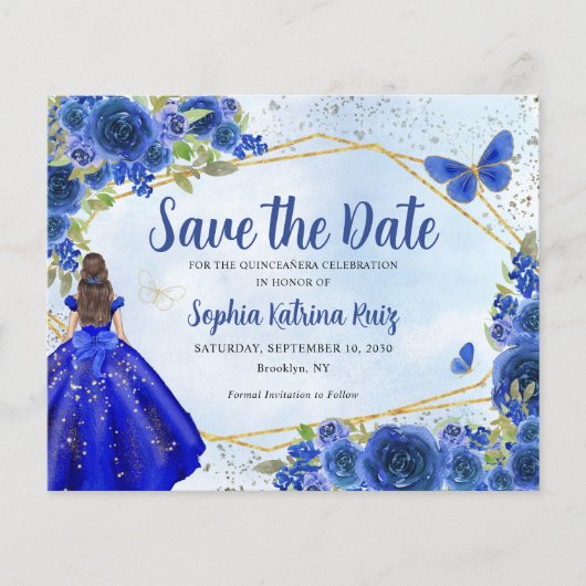Budget Blauwe Prinses Quinceañera Save the Date (Voorkant)