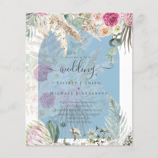 BUDGET Blauwe Roze Bloemige Pampas Gras Bruiloft Flyer (Voorkant)