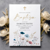 Budget Blauwe Wilde Bloemen Jongen Doop uitnodigin