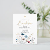 Budget Blauwe Wilde Bloemen Jongen Doop uitnodigin (Staand voorkant)