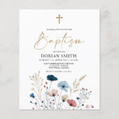 Budget Blauwe Wilde Bloemen Jongen Doop uitnodigin (Voorkant)