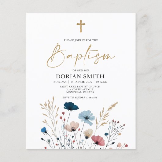 Budget Blauwe Wilde Bloemen Jongen Doop uitnodigin (Voorkant)