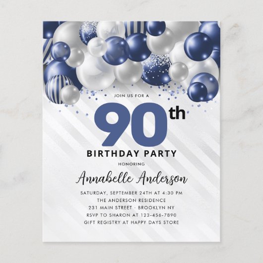 Budget Blauwe Zilveren Ballon Glitter 90ste Verjaa (Voorkant)