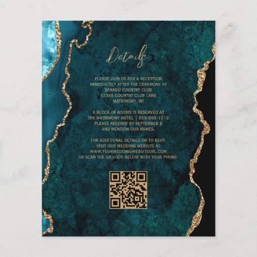 Budget Blauwgroen Agate Script QR-code bruiloft Ui (Achterkant)