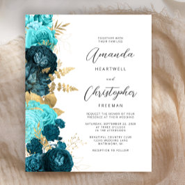 Budget Blauwgroen Aqua Floral Gold Script Bruiloft